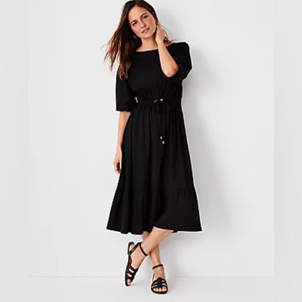 NWT Ann Taylor Women’s Size Small Black Drawstring Ruffle Midi Dress